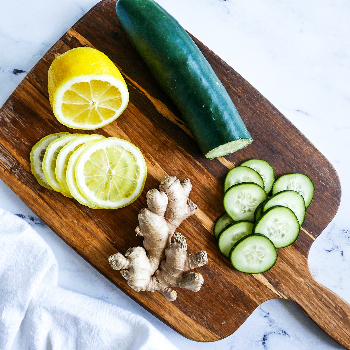 ingredients on a wooden cutting board.