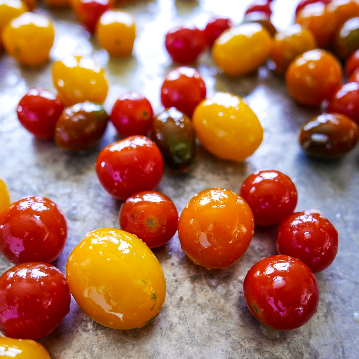 cherry tomatoes tossed in dressing and arranged on a baking sheet.
