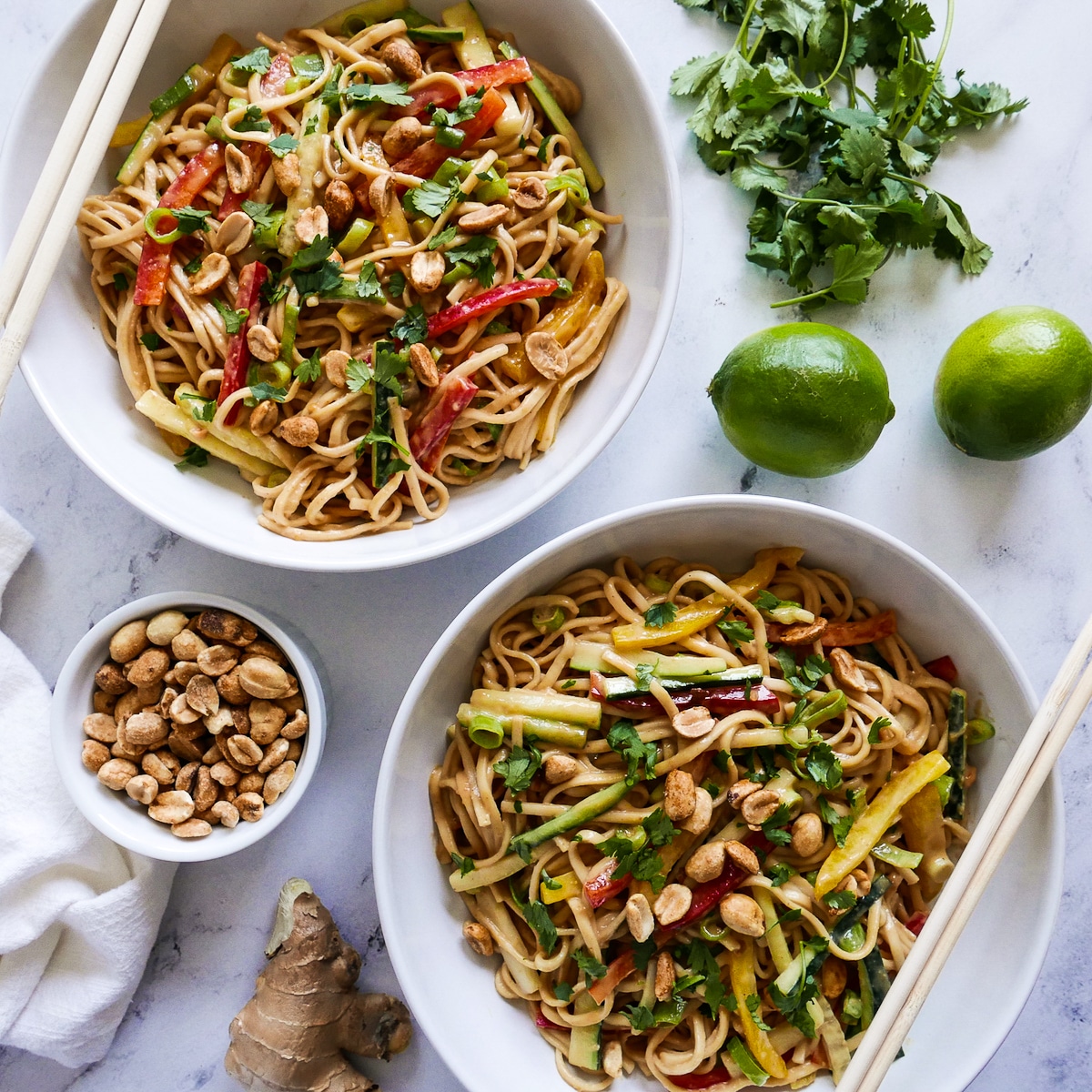 Two bowls of noodles with peppers, cucumber, scallions, cilantro, and peanuts.