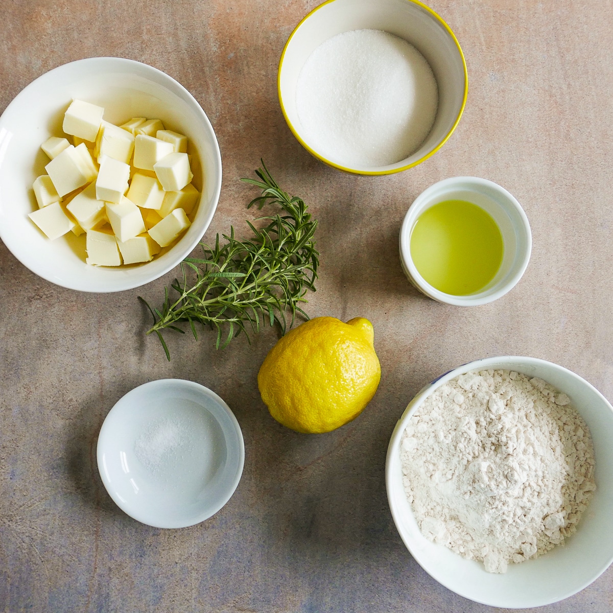 cookie ingredients arranged on a table.