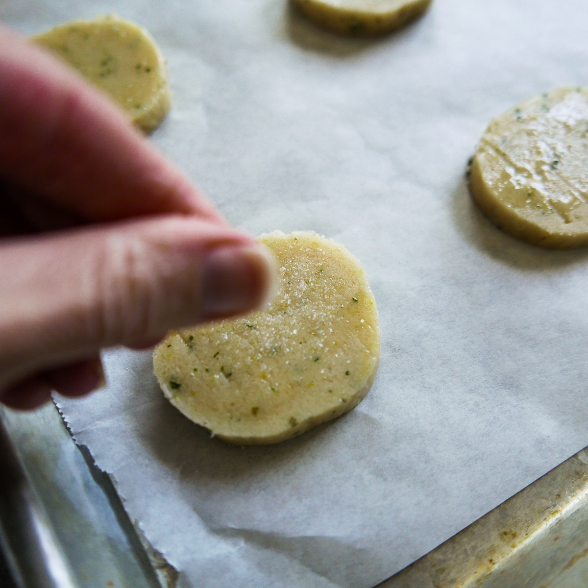 White hand sprinkling sugar on top of sliced cookies on a baking sheet. 