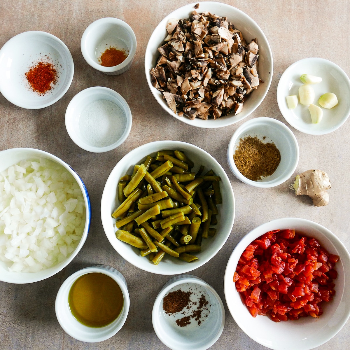 curry ingredients arranged on a table.