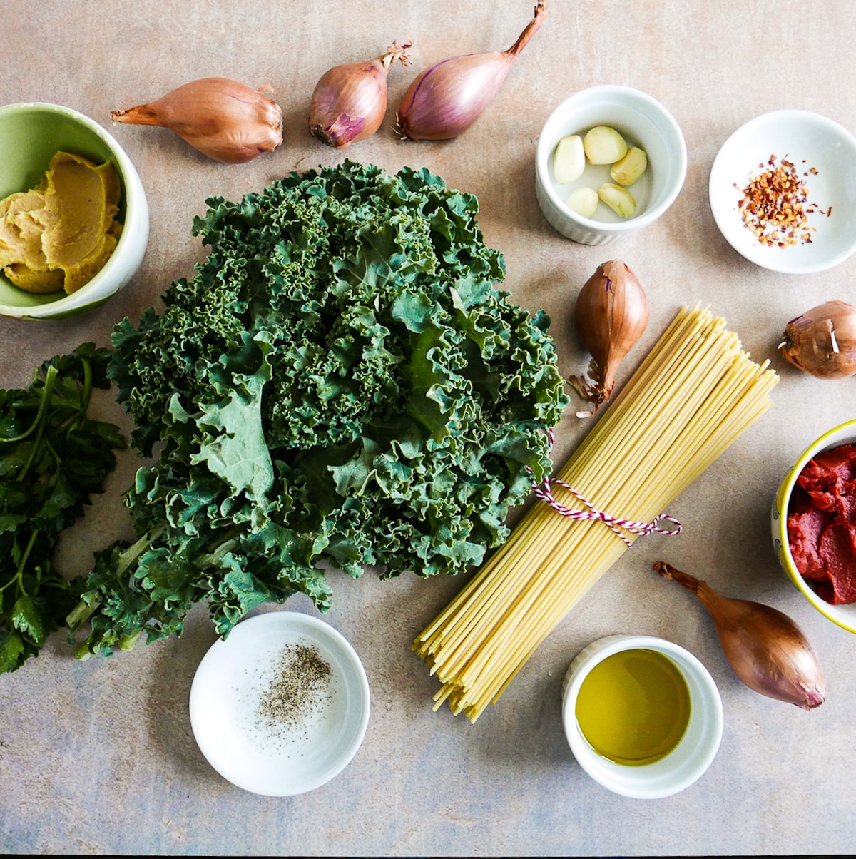 Ingredients arranged on a table.