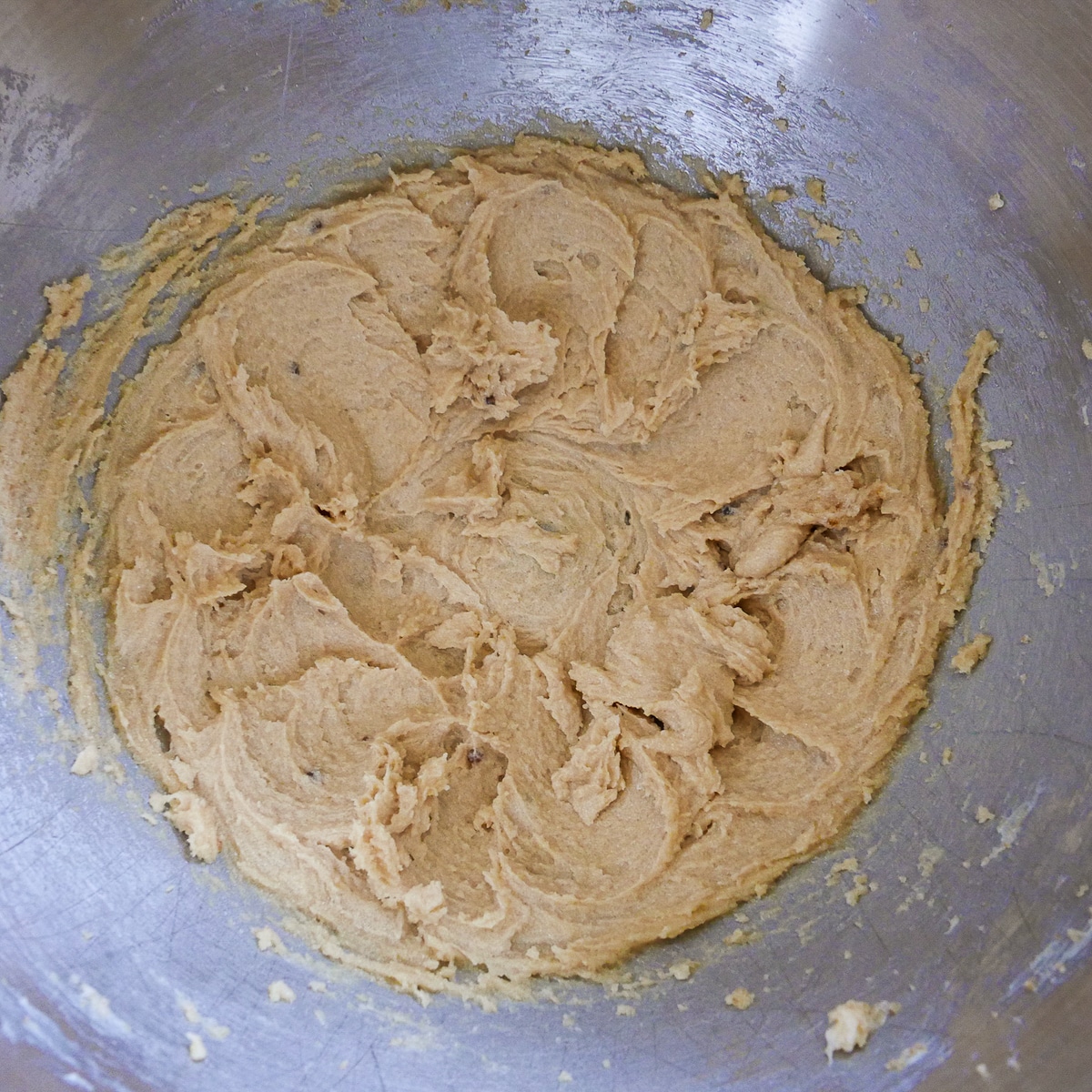 butter, brown sugar, and sugar creamed together in a stand mixer. 