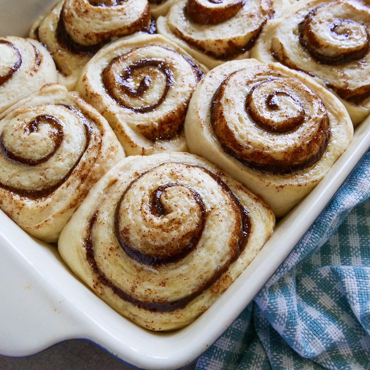 cinnamon rolls proofing in a baking dish.