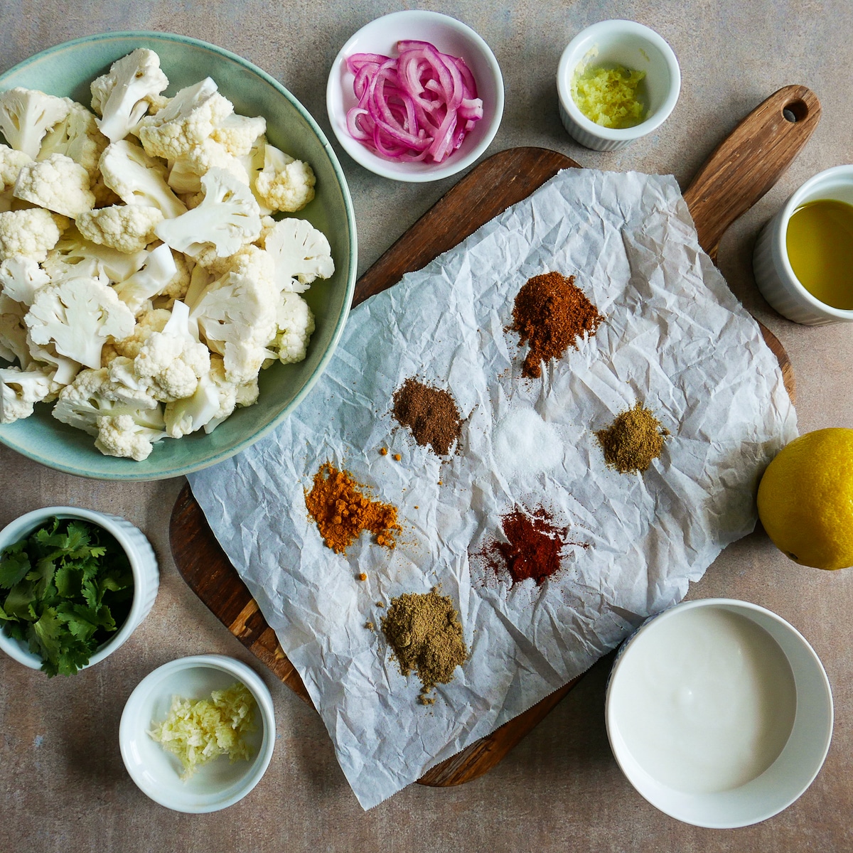 recipe ingredients arranged on a table.