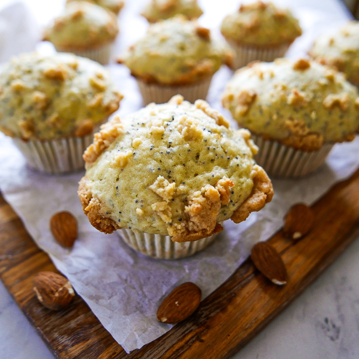 almond poppy seed muffins arranged on parchment paper with toasted almonds.