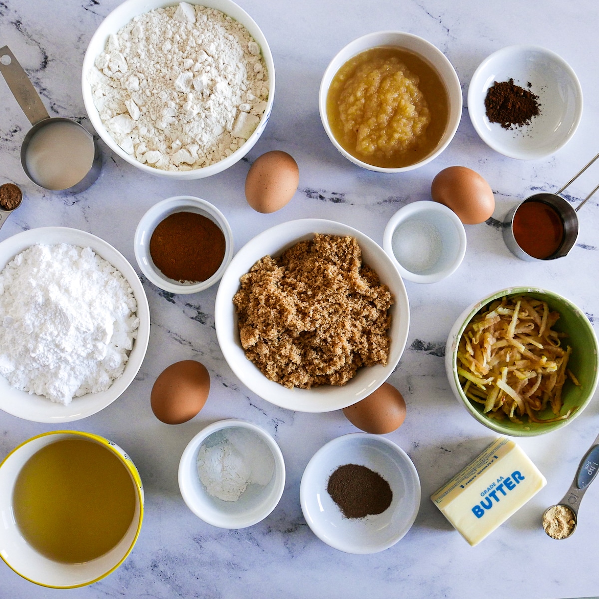 cake ingredients arranged on a table.