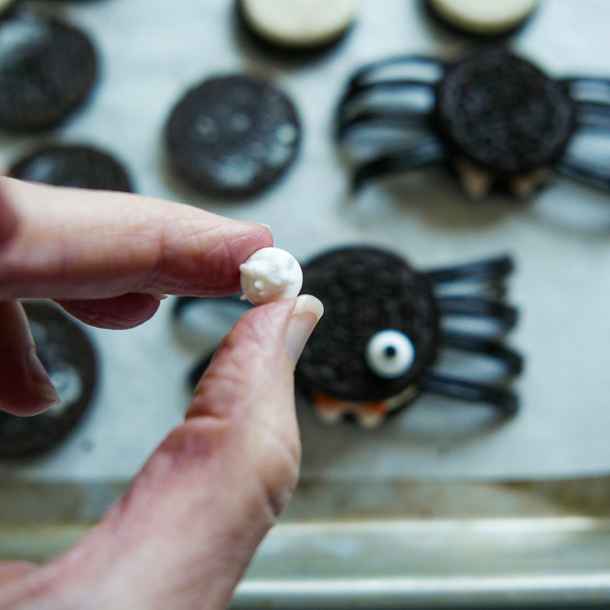 candy eye with icing being placed on spider cookie.