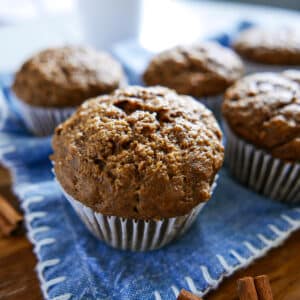 banana gingerbread muffins arranged on a blue dish cloth.