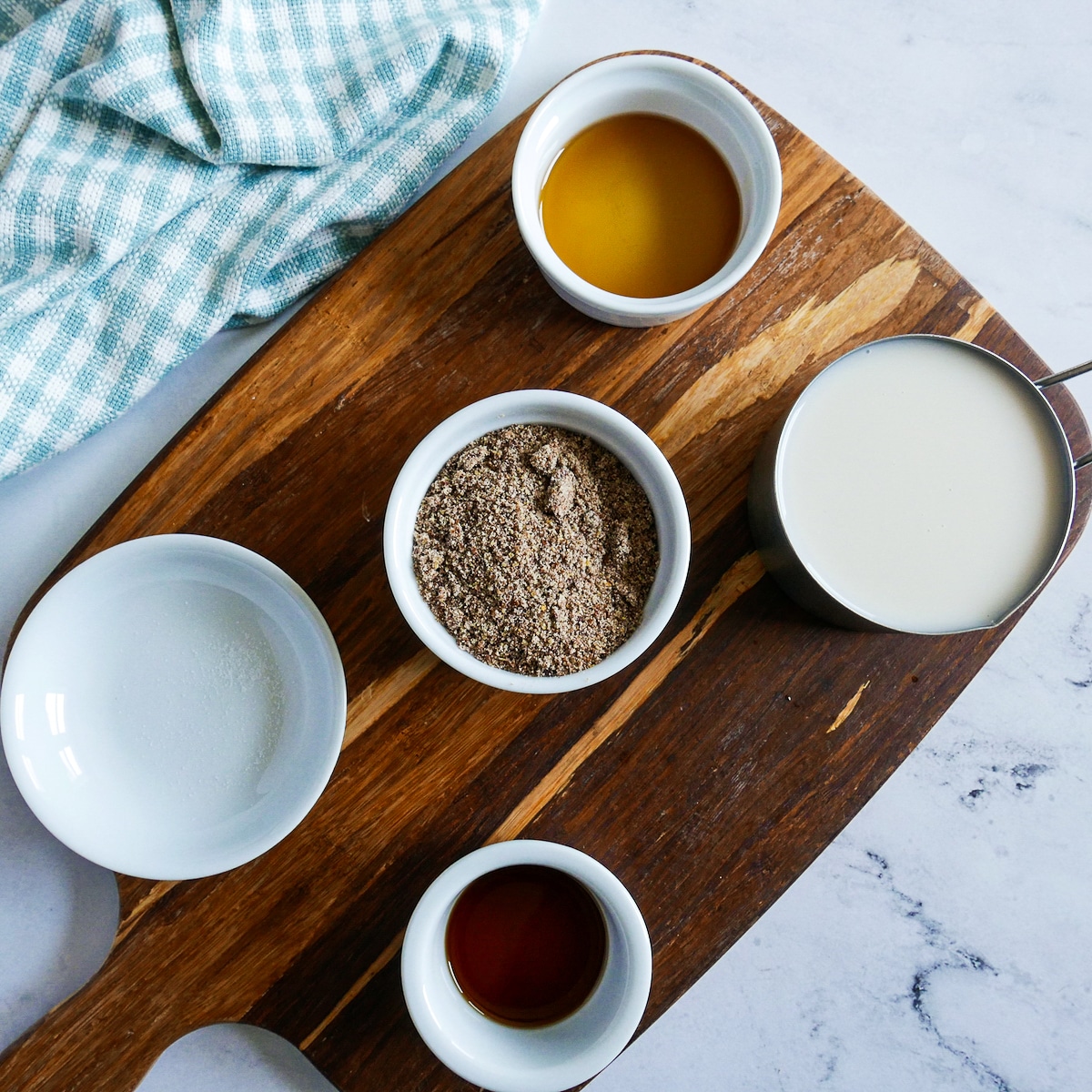 pudding ingredients arranged on a table.