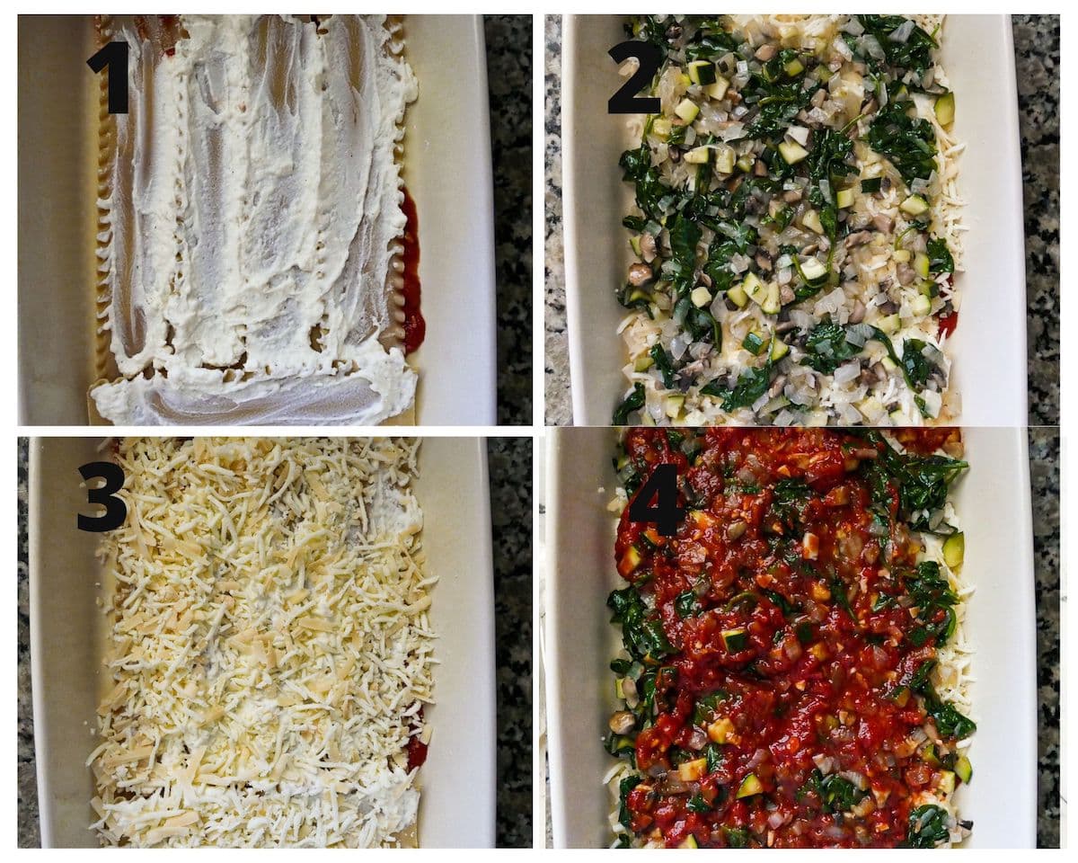 steps-for-lasagna-assembly.jpg Layering ricotta cheese, vegetables, mozzarella-Parmesan mixture, and tomato sauce in baking dish.