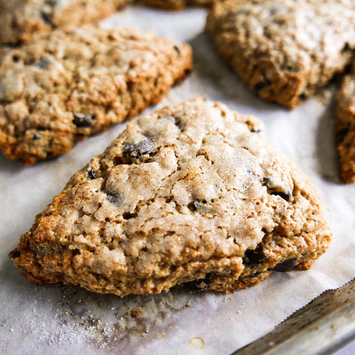 baked scones on a parchment lined baking sheet.