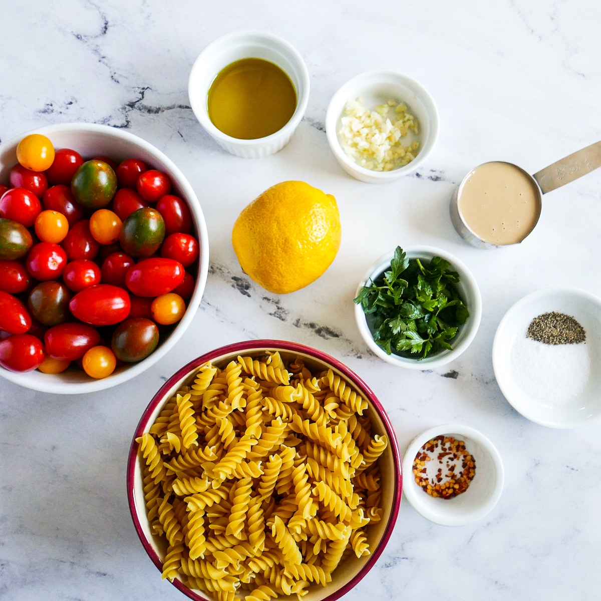 recipe ingredients arranged on a table.