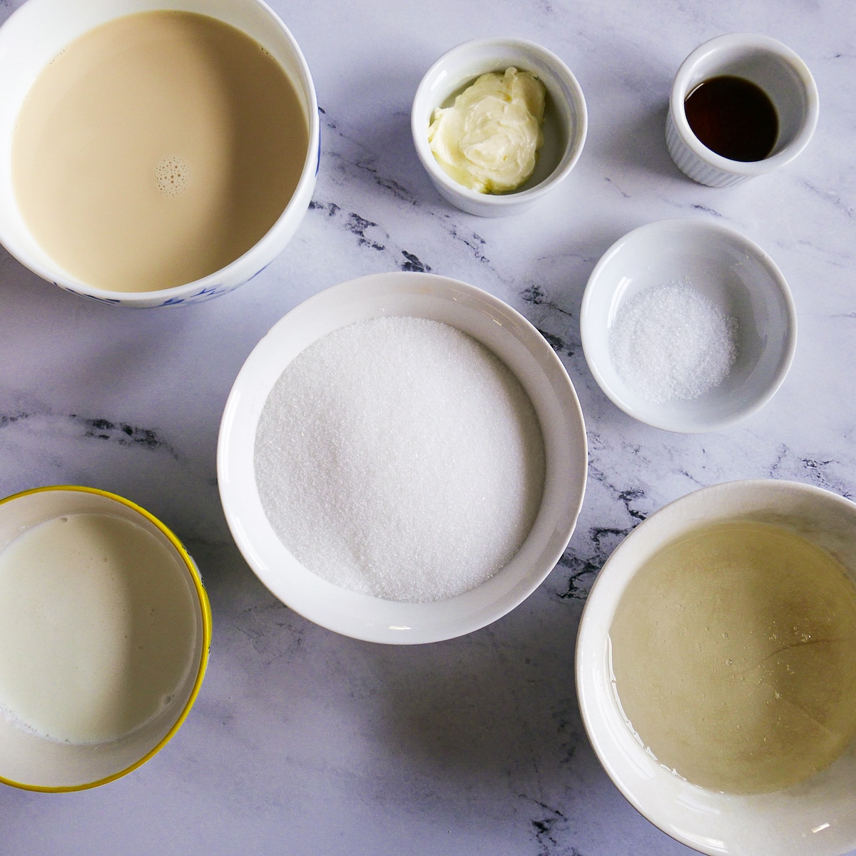 caramel ingredients arranged on a table.