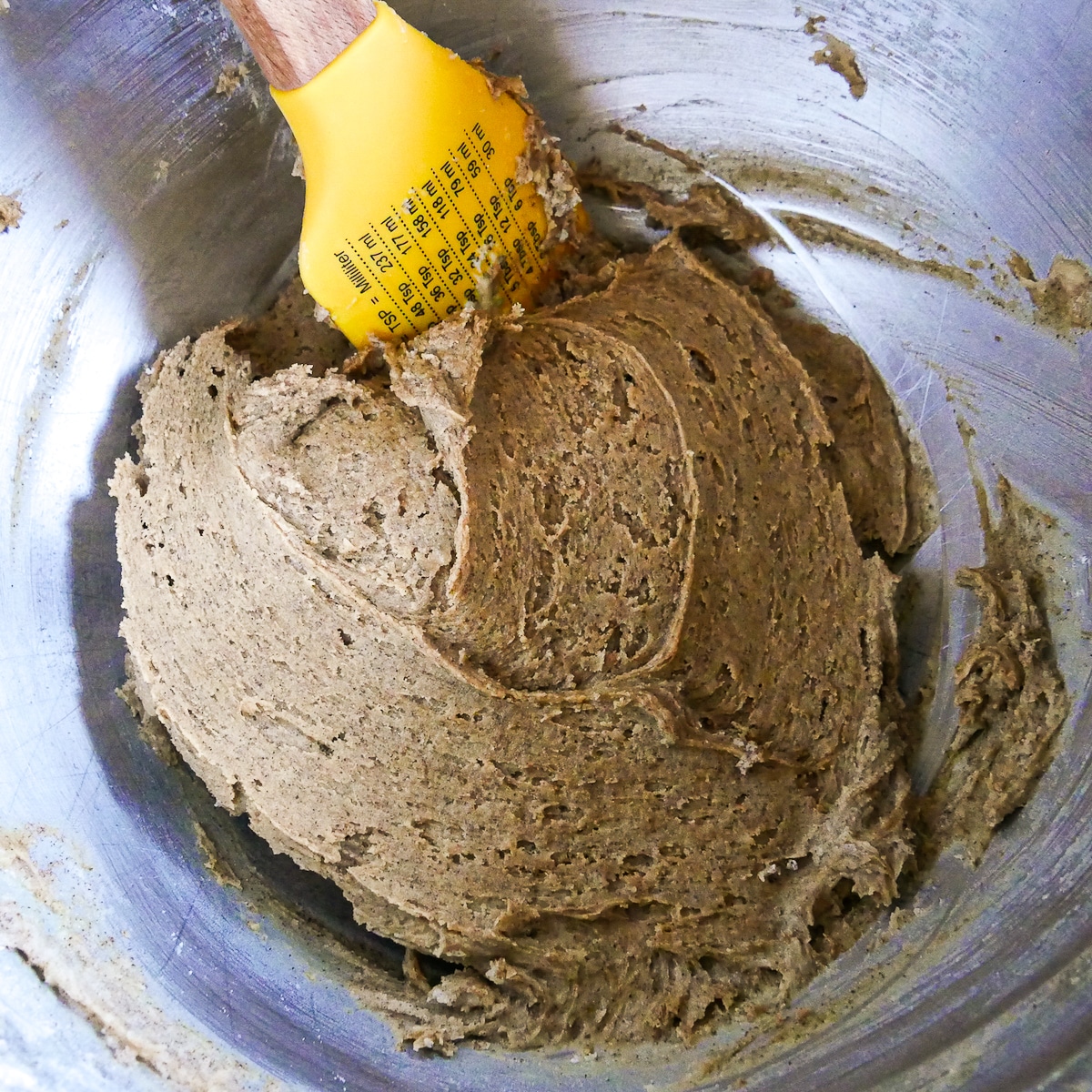 espresso powder, flour, baking soda, and salt mixed into cookie dough.