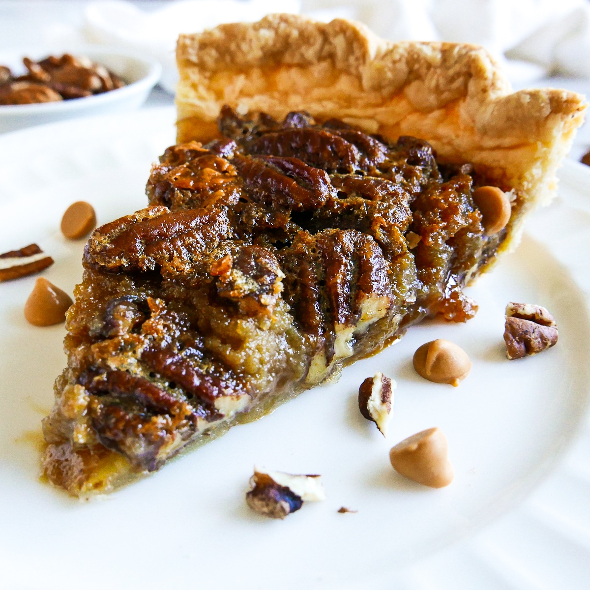 slice of pecan pie on a plate with chopped pecans.