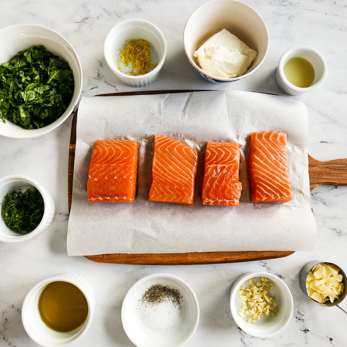 recipe ingredients arranged on a table.