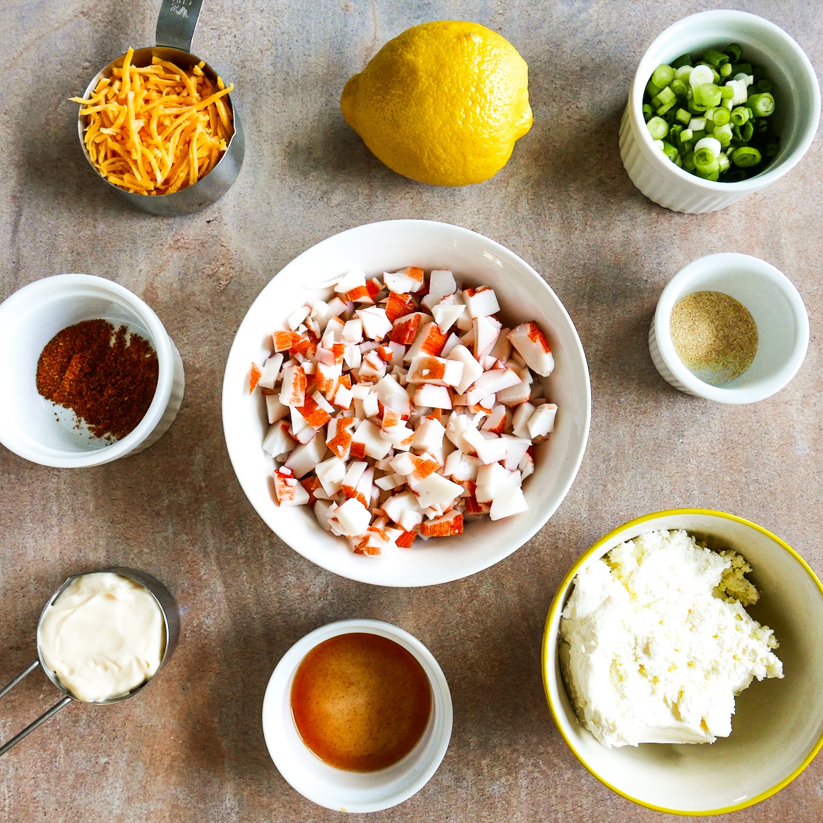 dip ingredients arranged on a table.