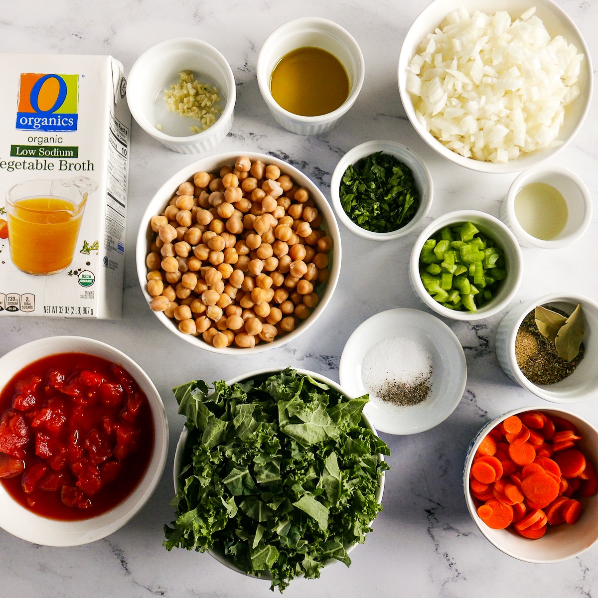 soup ingredients arranged on a table.