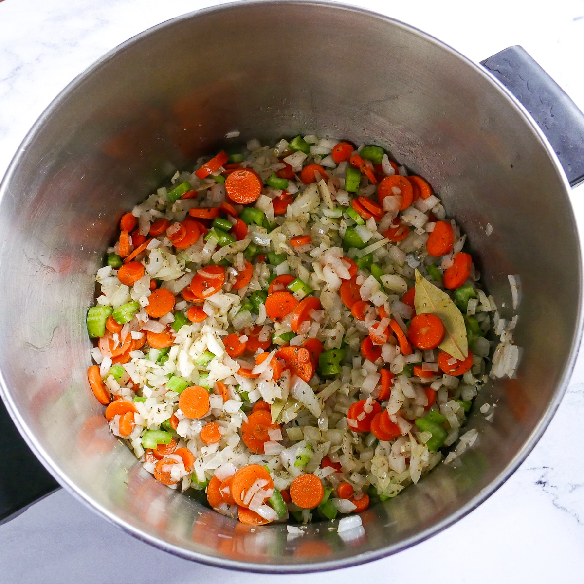 carrots, celery, garlic, and seasoning added to soup pot.
