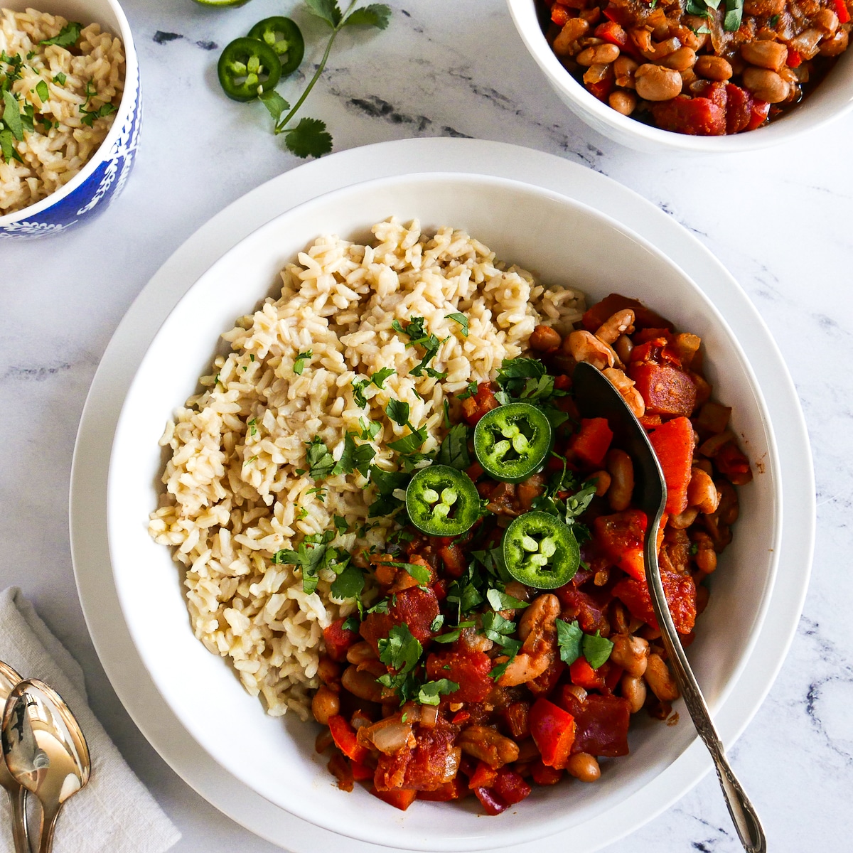 mexican beans and rice wtih a spoon.