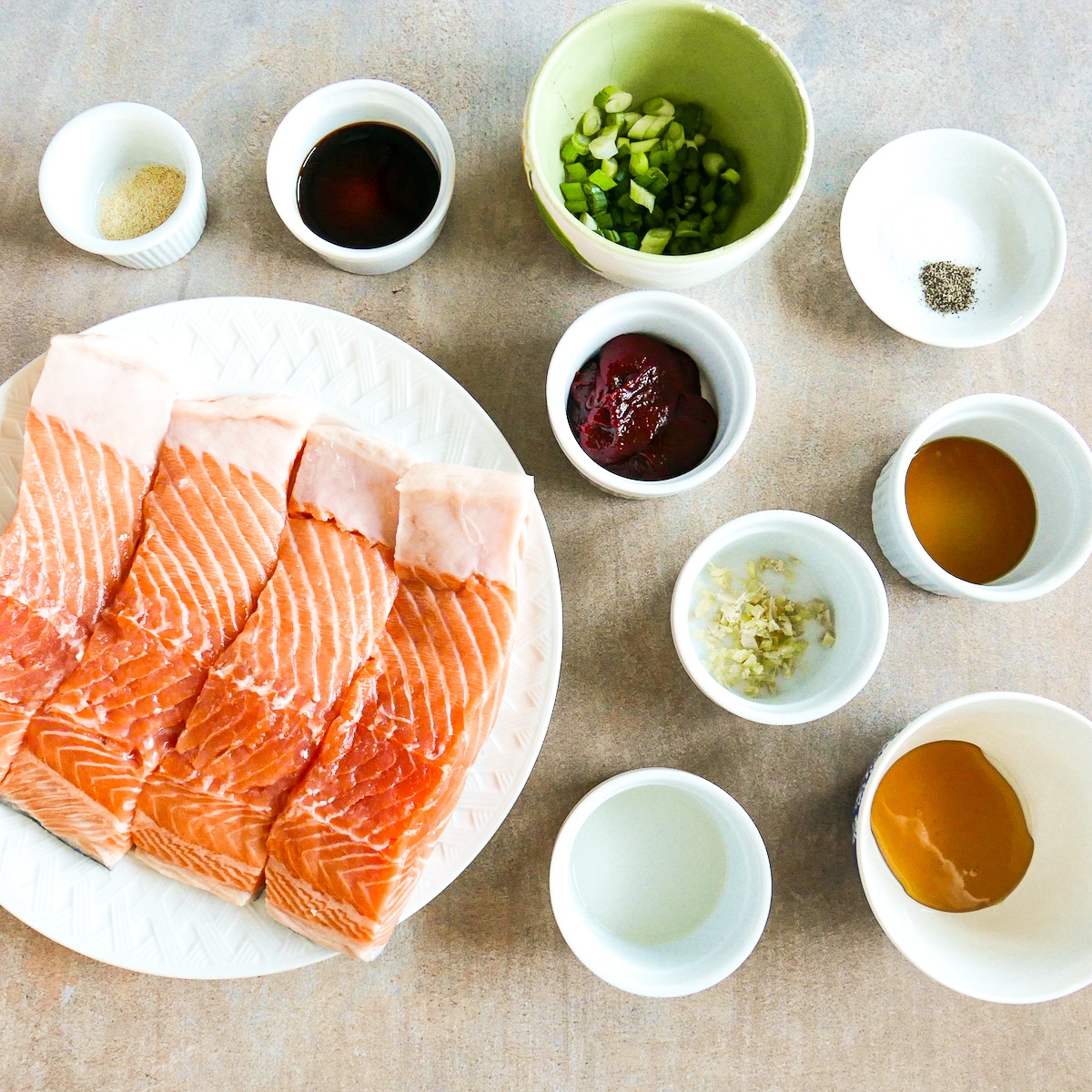 recipe ingredients arranged on a table.