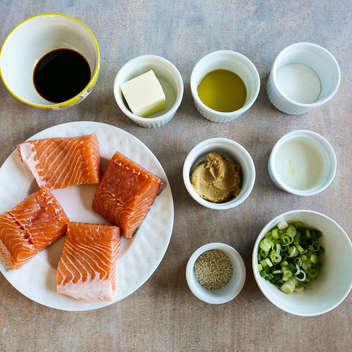 recipe ingredients arranged on a table.