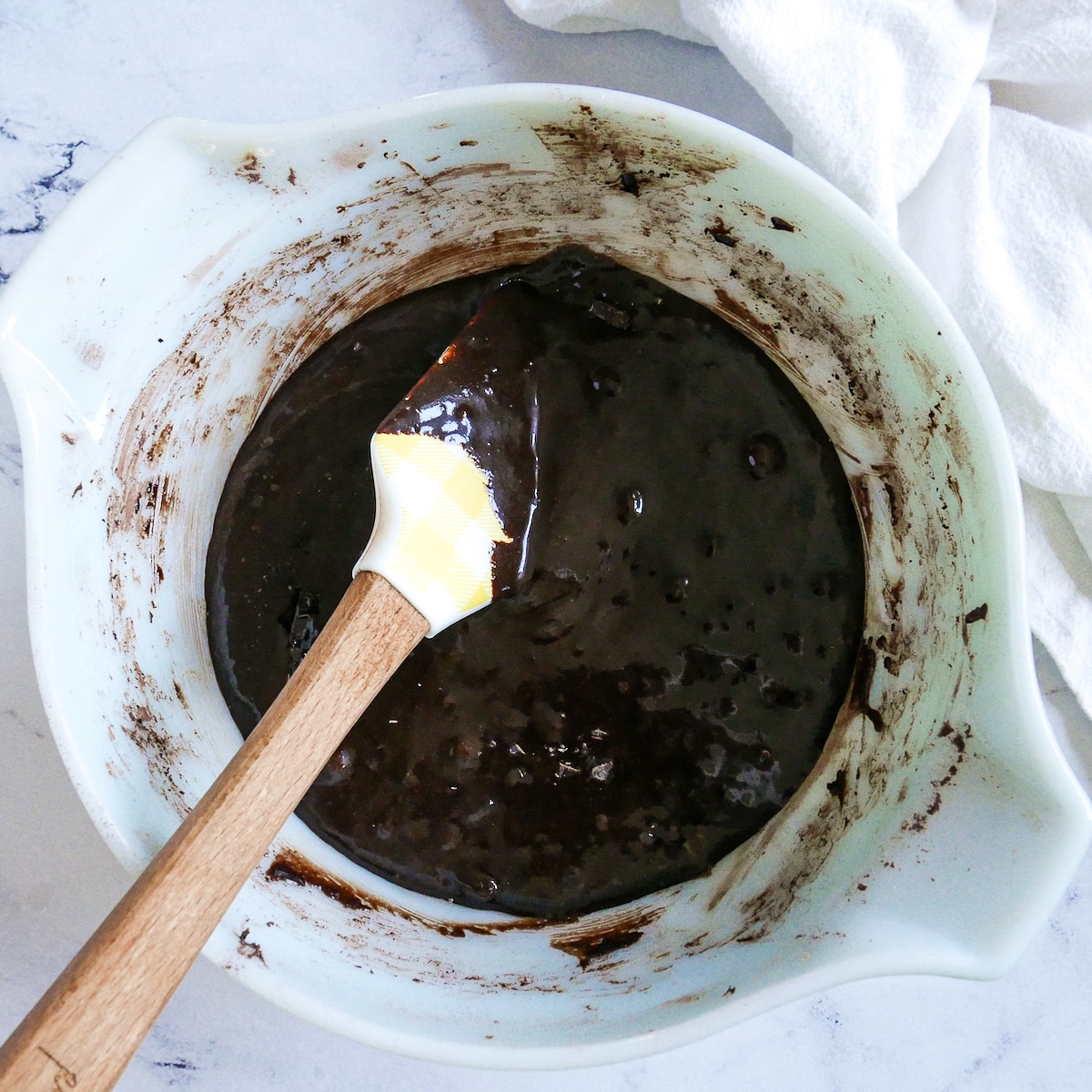 dry ingredients and chopped chocolate mixed into wet ingredients.