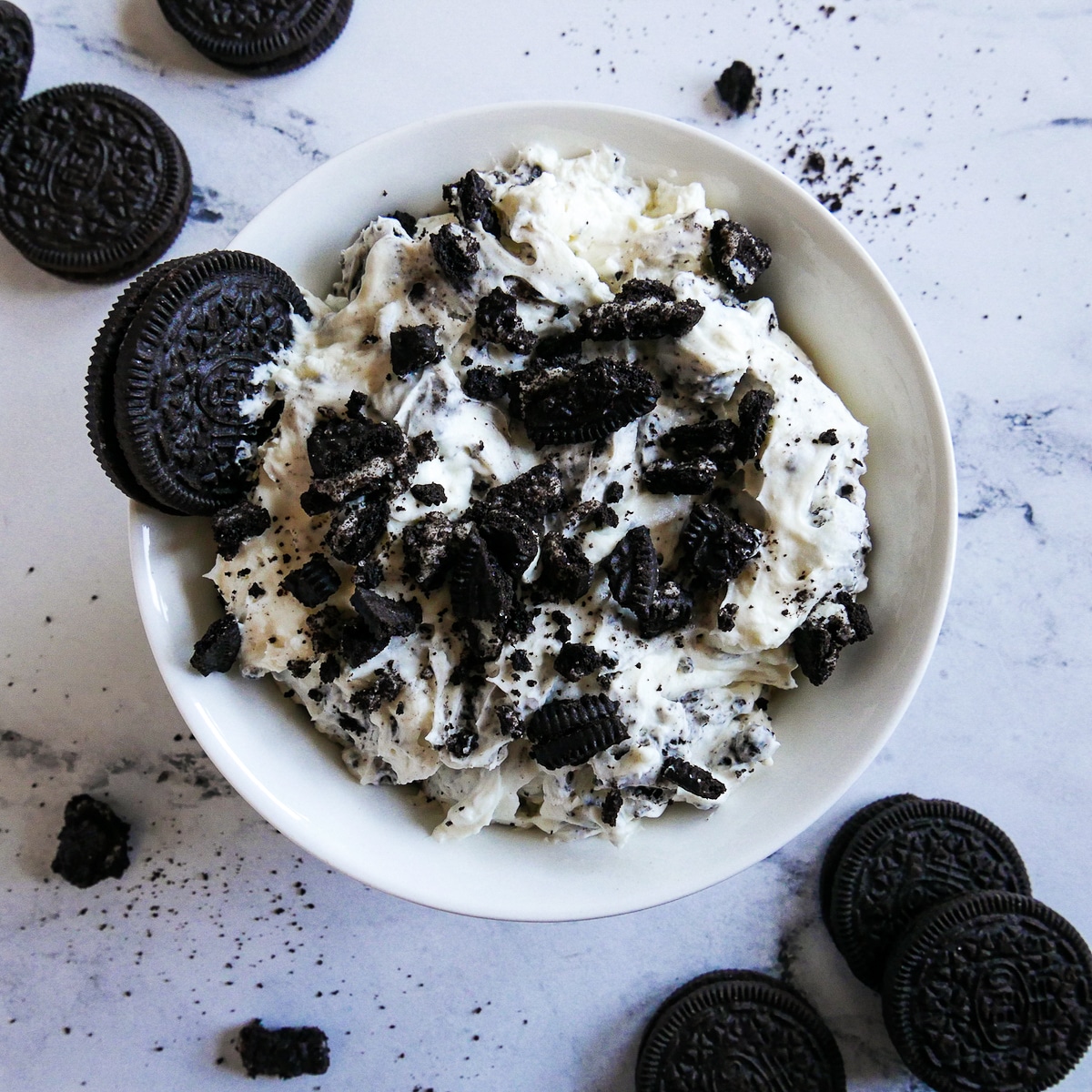 cookies and cream dip in a small white bowl.
