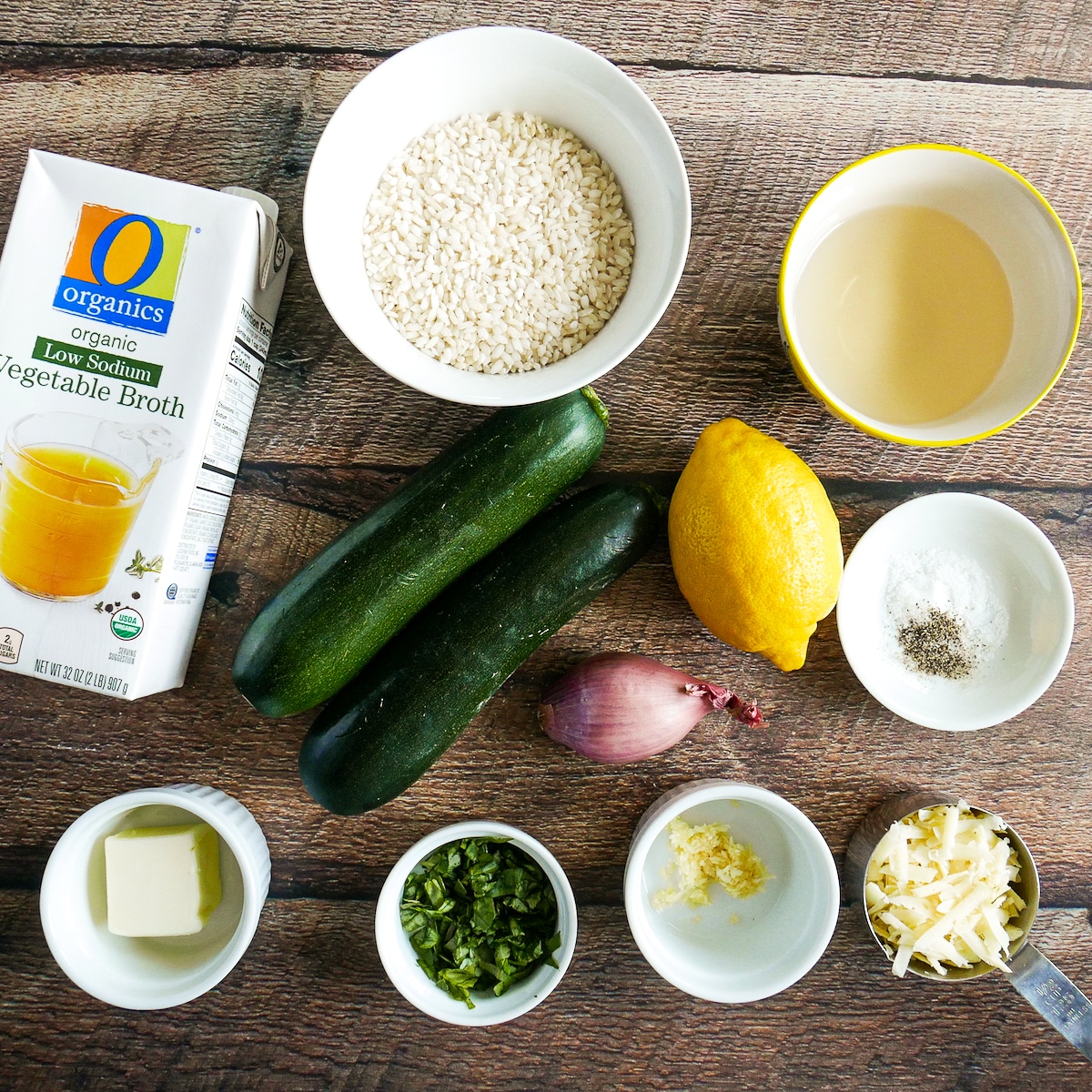 recipe ingredients arranged on a table.