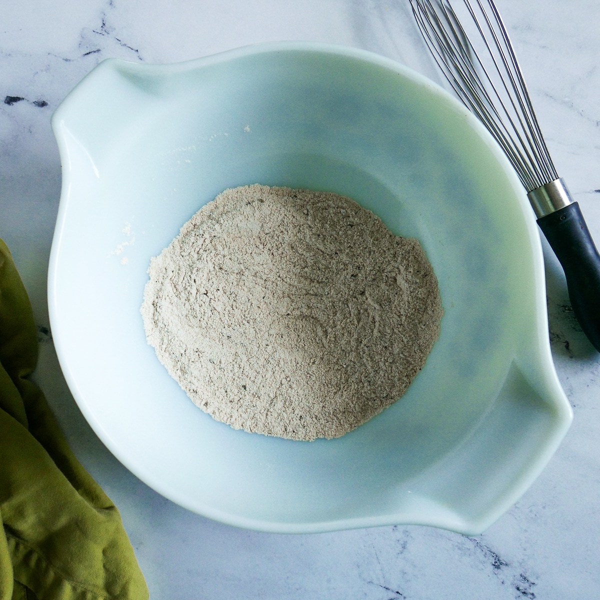 Dry ingredients whisked in a medium bowl.