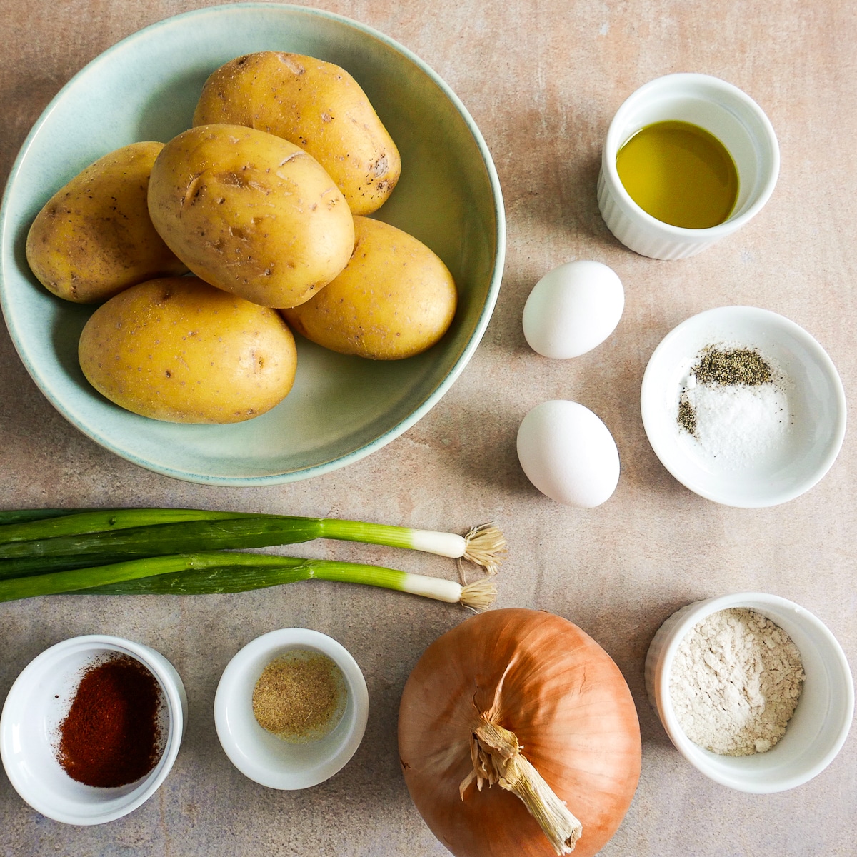 Fritter ingredients arranged on a table.