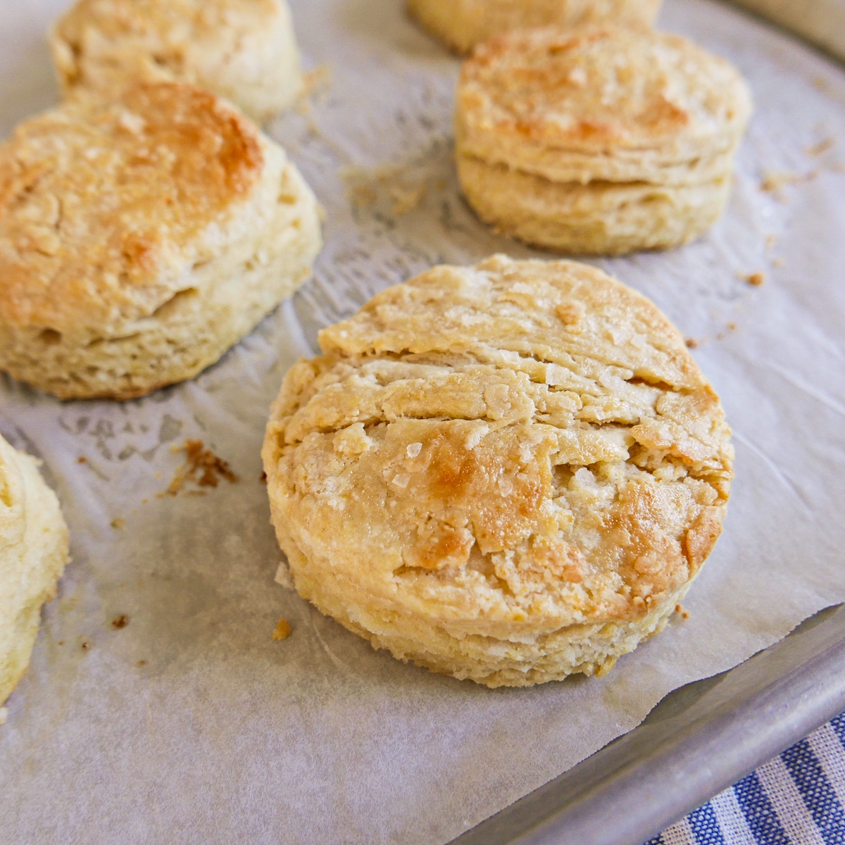 Baked biscuits topped with maple cream on a baking sheet.