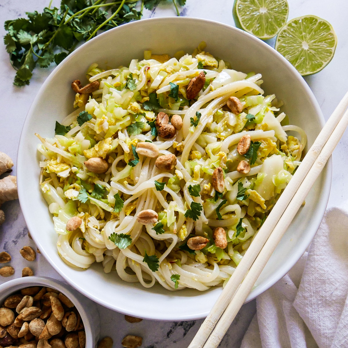 bowl of pad thai with chopsticks resting on bowl.