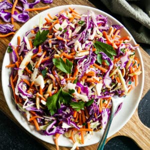 plate of purple cabbage coleslaw garnished with fresh parsley.