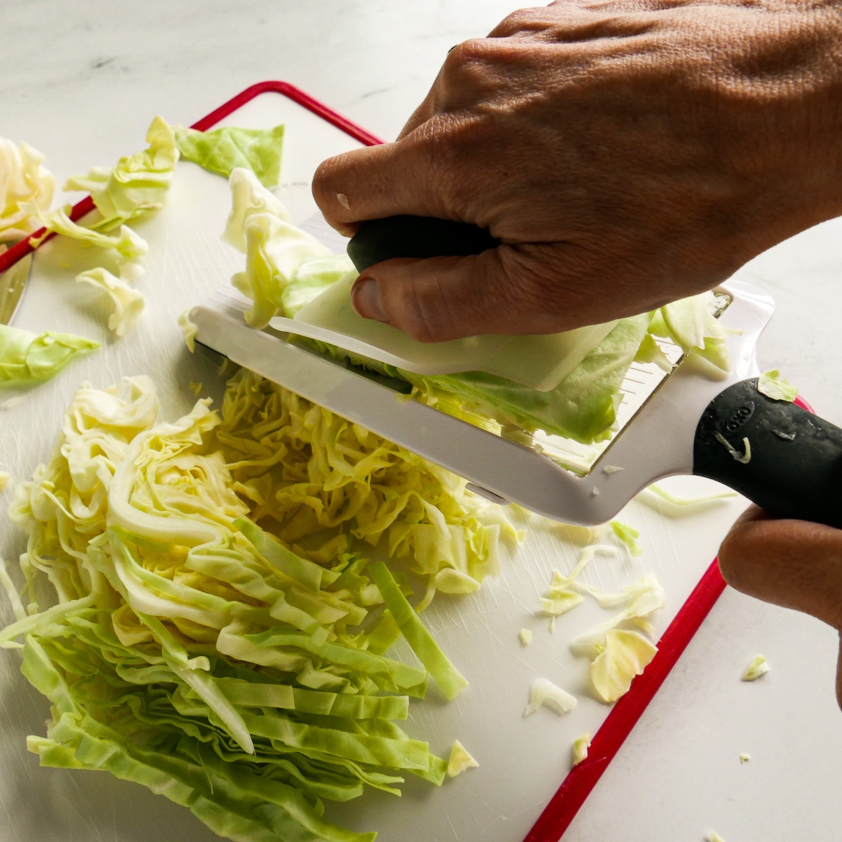 Slicing green cabbage using a mandolin.