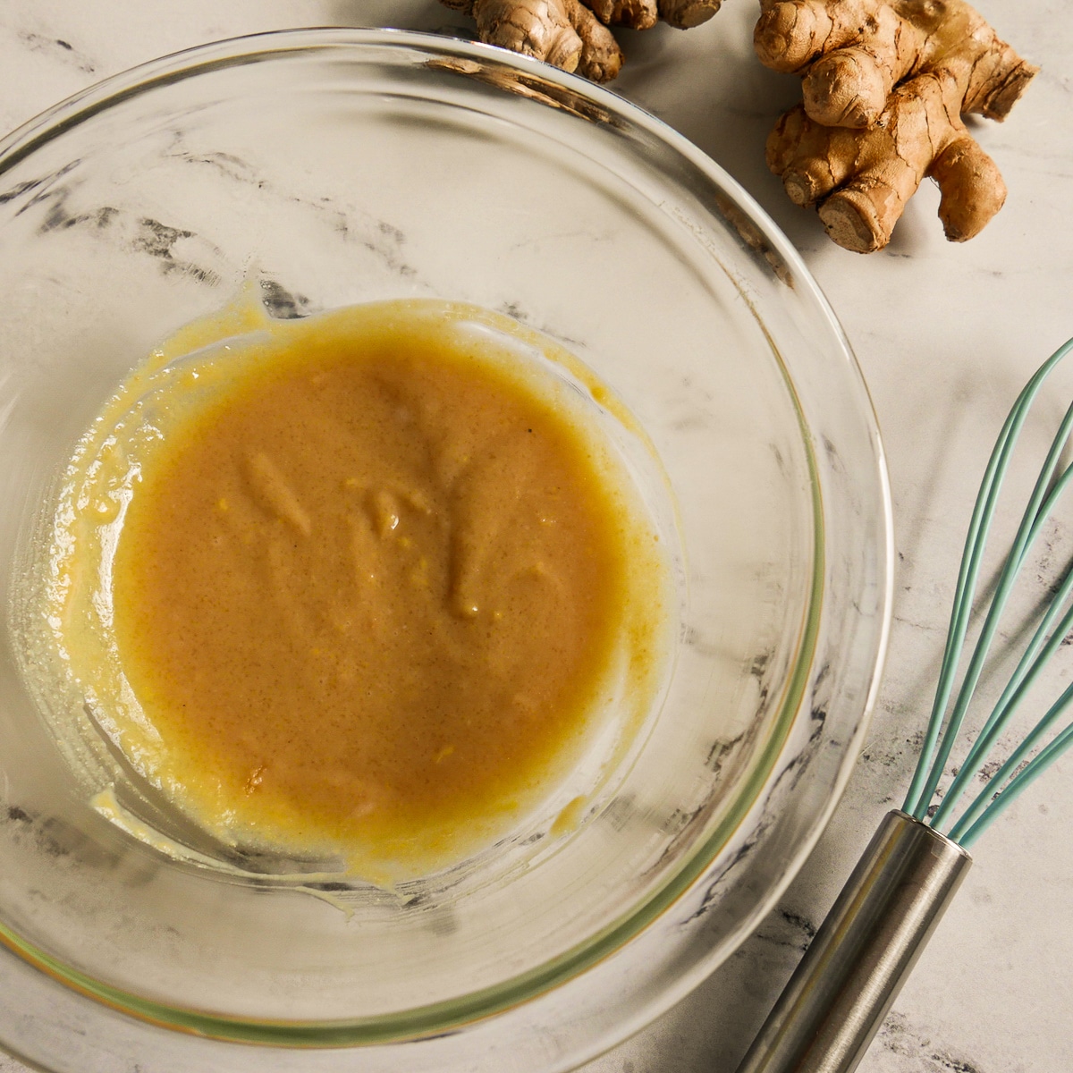 All ingredients whisked together in a medium glass bowl.