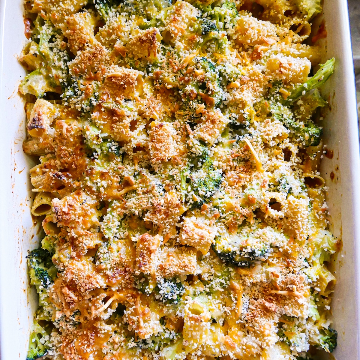 Bubbly and cheesy broccoli pasta casserole fresh out of the oven.