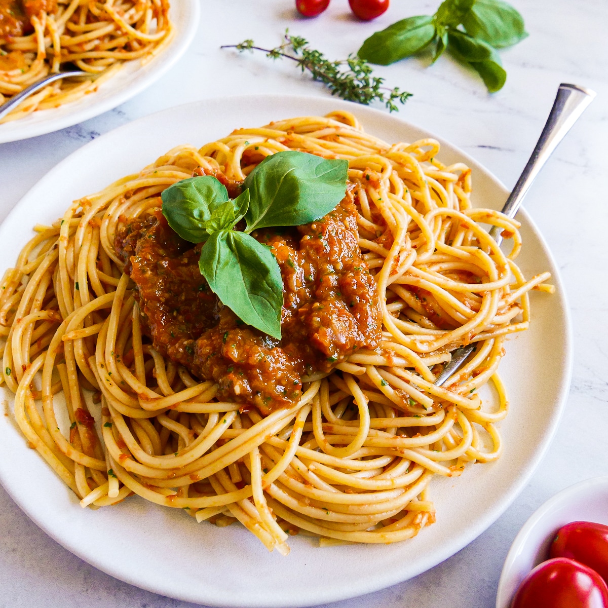 Plate of pasta coated with easy tomato sauce.