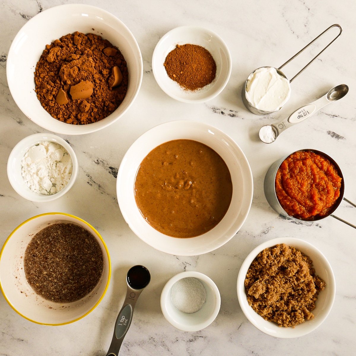 Brownie ingredients arranged on a table.