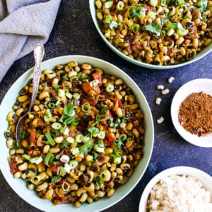 Ethiopian black eyed peas served in a large bowl and garnished with fresh cilantro.