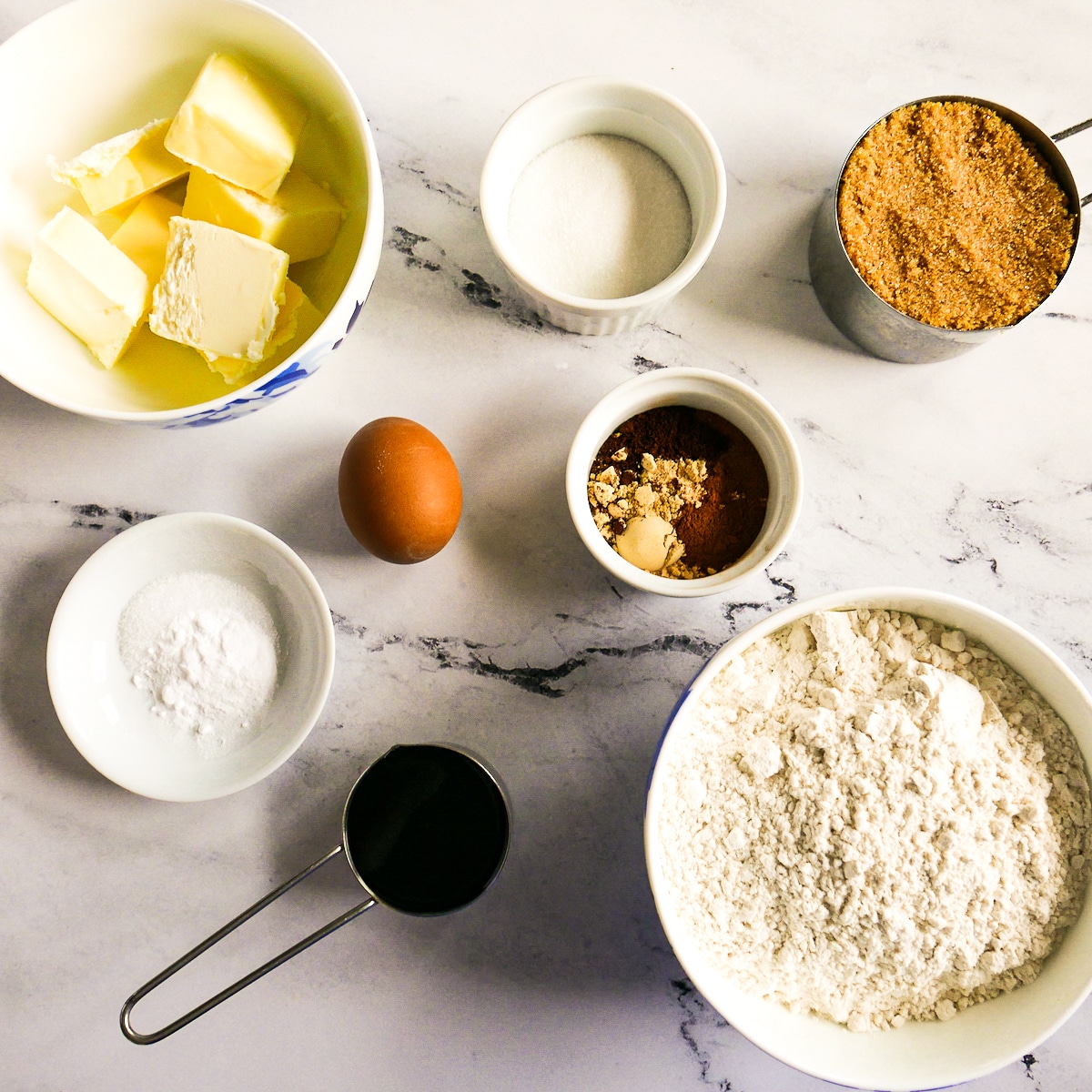 cookie ingredients arranged on a table.