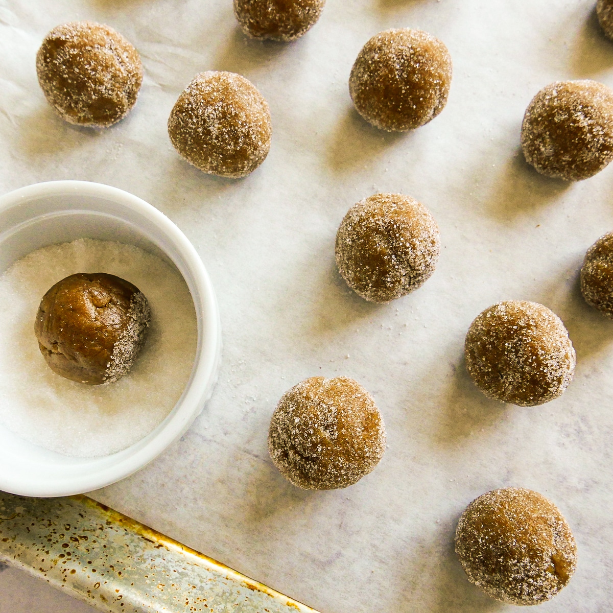 ginger snap cookie dough rolled into balls and rolled in sugar.