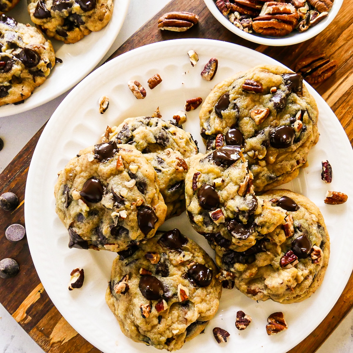 plate-of-pecan-chocolate-chip-cookies.jpg plate of chewy pecan chocolate cookies with chopped pecans.