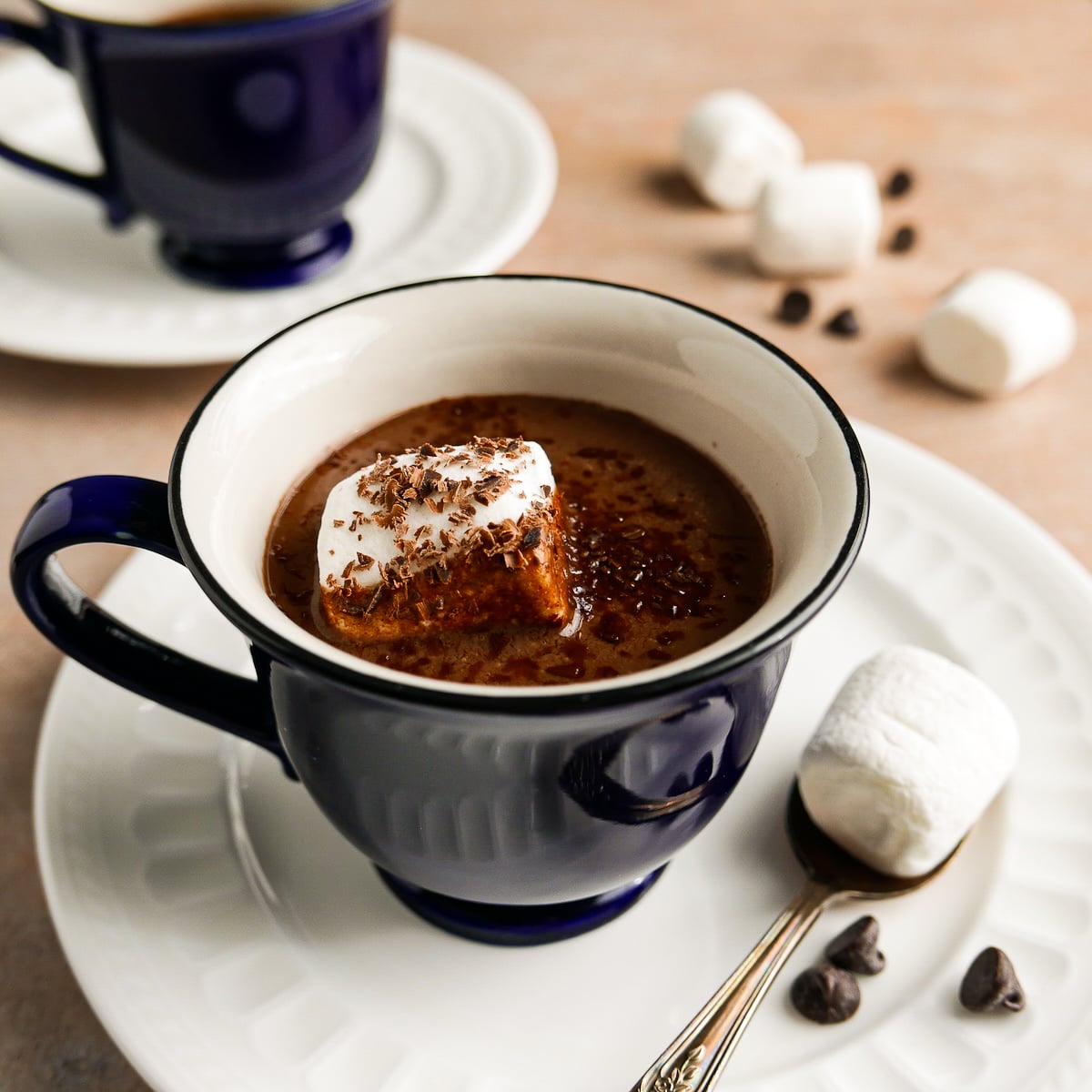 thick-and-rich-hot-chocolate.jpg Thick and rich hot chocolate with oat milk in a blue cup.