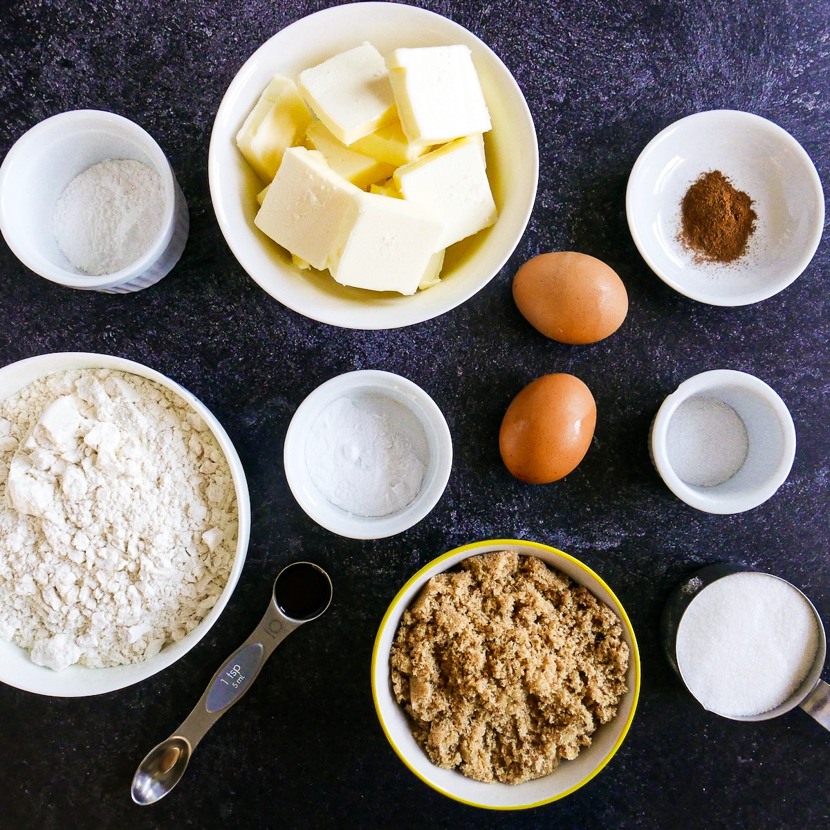 cookie ingredients arranged on a table.