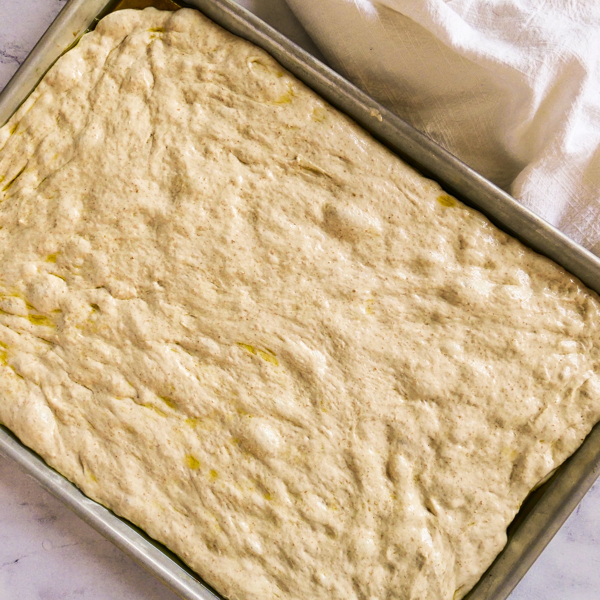 focaccia dough spread onto an oiled baking sheet.