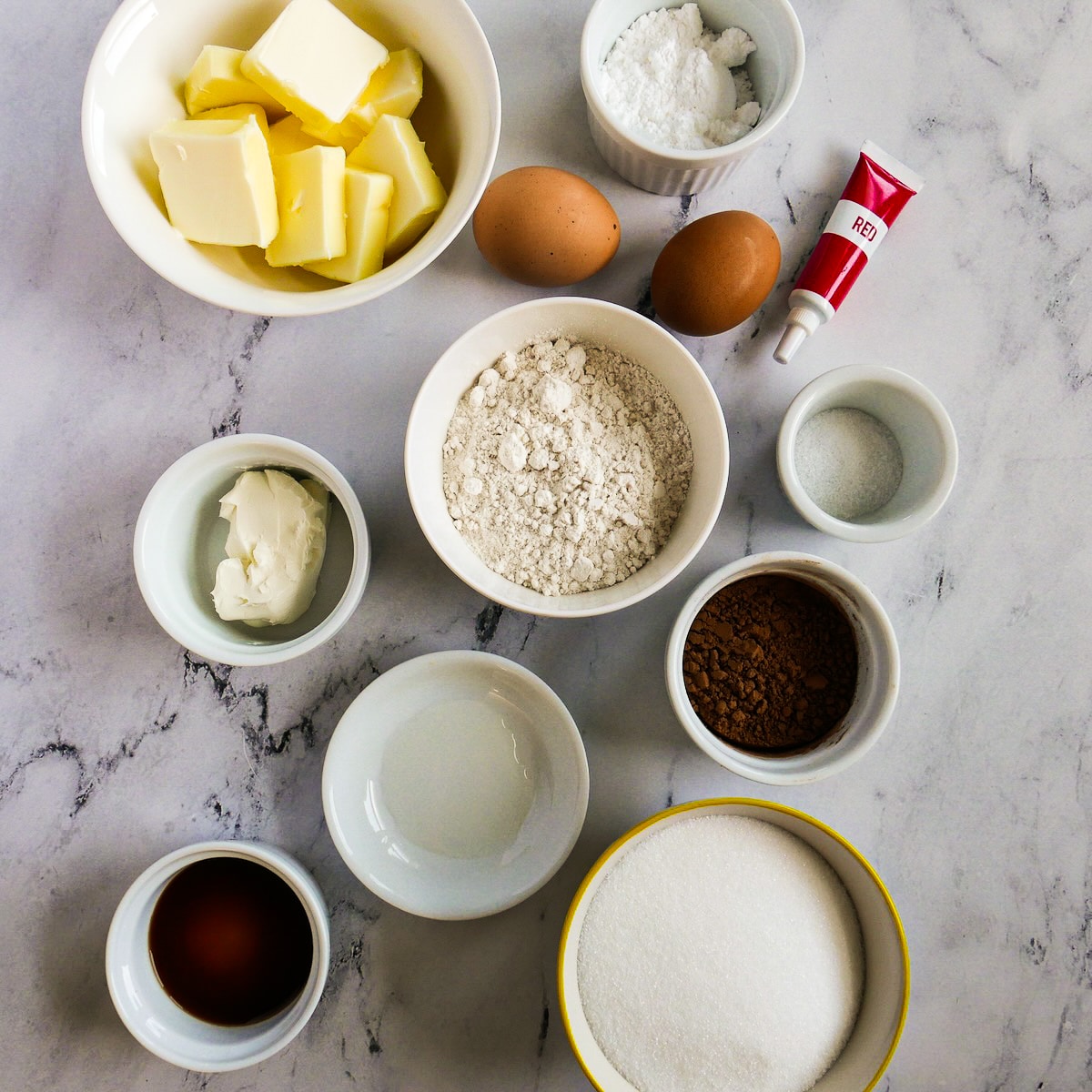 Brownie ingredients arranged on a table.