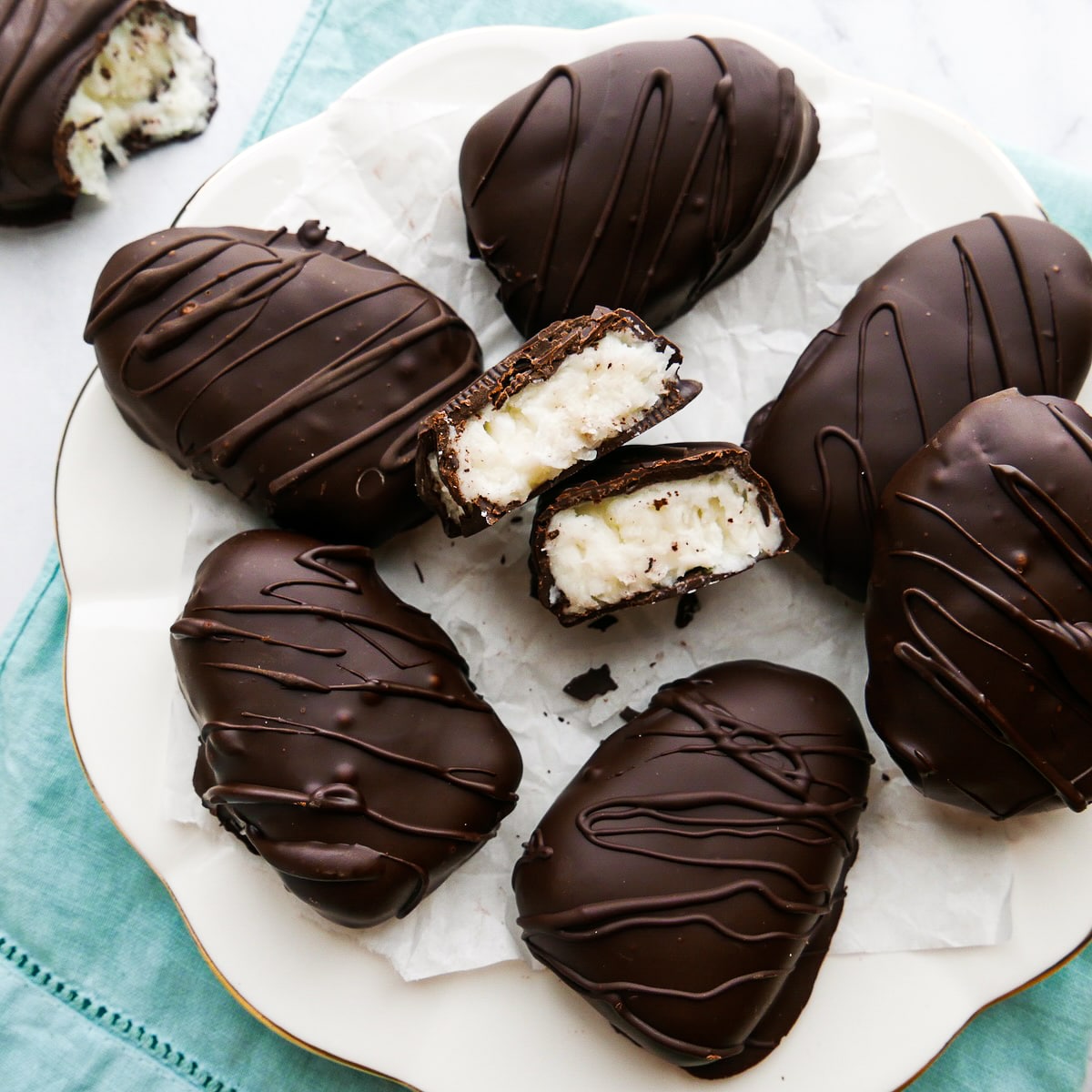 Creamy coconut Easter eggs arranged on a plate.